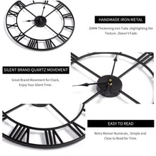 Load image into Gallery viewer, LEIKE Large Wall Clock, Silent, Non-Ticking Metal Wall Clock, Round Modern Wall Decor for Living Room, Bedroom Kitchen and Outdoor, 16-Inch (40cm, Black Roman Number)