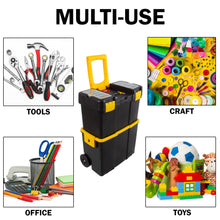 Load image into Gallery viewer, Portable Tool Box with Wheels - Stackable 2-in-1 Tool Chest with Fold-Down Comfort Handles, Tough Latches, and Removable Storage Trays by Stalwart, Black/Yellow