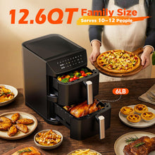 Load image into Gallery viewer, Dual Basket Air Fryer, 12.6QT Family-Size for 10โ12 People, XL Basket for 6LB Whole Chicken, DoubleStack Compact Design, 10-in-1 Functions with Reheat, Dehydrate & SyncFinish, Dishwasher-Safe, Black