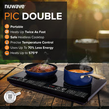 Load image into Gallery viewer, Nuwave Double Cooktop Induction Countertop Burner, Portable, 900 & 1800W, 100°F to 575°F, Large 8” Heating Coil, 50 Pre-Programmed Settings, Shatter-Proof Ceramic Glass, Built-In Safety Auto Shut Off