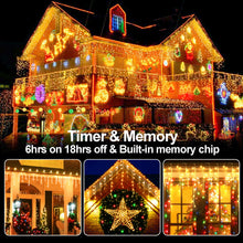 Load image into Gallery viewer, 131 FT 1280 LED Christmas Lights Outdoor Decorations Super Long Clear Wire String Lights Plug in 240 Drops 8 Modes Memory Timer Curtain Fairy Lights Waterproof for Holiday Wedding Party-Warm White