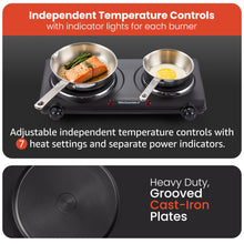 Load image into Gallery viewer, Elite Gourmet EDB-302BF# Countertop Double Cast Iron Burner, 1500 Watts Electric Hot Plate, Temperature Controls, Power Indicator Lights, Easy to Clean, Black
