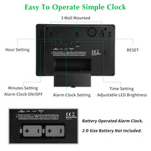 Load image into Gallery viewer, KWANWA Alarm Clock, Wall Clock, Digital Clock, 3" LED Digit Display, Battery Operated, Adjustable Brightness, Auto Night Mode, Auto Alarm Volume Increasing, Wall-Mount & Table-top