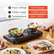 Load image into Gallery viewer, Elite Gourmet EDB-302BF# Countertop Double Cast Iron Burner, 1500 Watts Electric Hot Plate, Temperature Controls, Power Indicator Lights, Easy to Clean, Black