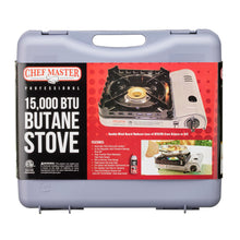 Load image into Gallery viewer, Chef Master 15,000 BTU Output Portable Butane Camping Stove, Peizo Click Ignition, Double Wind-Guard Portable Stove Burner for Emergencies, Tailgating, Hiking, Backpacking & Camping Essentials - 90019