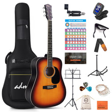 Load image into Gallery viewer, ADM Dreadnought Acoustic Guitar Kit with Free Lesson for Beginner Adult Teen Full Size Acustica Guitarra Starter Bundle Set w/Bag Strap Tuner Capo Pickguard Music Stand Right Hand(Sunburst, 41 Inch)