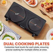 Load image into Gallery viewer, Elite Gourmet EDB-302BF# Countertop Double Cast Iron Burner, 1500 Watts Electric Hot Plate, Temperature Controls, Power Indicator Lights, Easy to Clean, Black