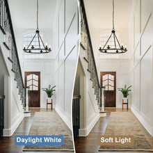 Load image into Gallery viewer, Black Farmhouse Chandelier, 6-Light Wagon Wheel Chandelier with Adjustable Height, Dining Room Light Fixture, Hanging Lights for Kitchen Island, Living Room, Bedroom, Entryway, E12 Base