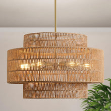 Load image into Gallery viewer, InterMaka 24” Boho Large Rattan Chandelier Light Fixture,6-Light Large Hand Woven Pendant Light Fixture Farmhouse Rustic Chandeliers for Kitchen Bedroom, Dining Room, Living Room, Hallway, Foyer