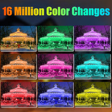 Load image into Gallery viewer, RGB 128 Function 16 Color Christmas Lights Outdoor Waterproof Color changing 504 LED 52FT Curtain Fairy Lights Outside 8 Modes with Timer Plug In Hanging String Lights for Wedding Party Home Garden
