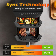Load image into Gallery viewer, Dual Basket Air Fryer, 12.6QT Family-Size for 10โ12 People, XL Basket for 6LB Whole Chicken, DoubleStack Compact Design, 10-in-1 Functions with Reheat, Dehydrate & SyncFinish, Dishwasher-Safe, Black