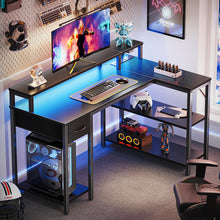 Load image into Gallery viewer, SUPERJARE 47 inch Reversible L Shaped Desk with LED Lights & Power Outlets, Computer Desk with Shelves & Monitor Stand, Gaming Desk with Drawer, Home Office Desk Corner Desk, Black