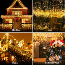 Load image into Gallery viewer, 131 FT 1280 LED Christmas Lights Outdoor Decorations Super Long Clear Wire String Lights Plug in 240 Drops 8 Modes Memory Timer Curtain Fairy Lights Waterproof for Holiday Wedding Party-Warm White