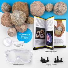 Load image into Gallery viewer, NATIONAL GEOGRAPHIC Break Open 10 Premium Geodes – Includes Goggles and 2 Display Stands - Great STEM Science Kit, Geology Gift for Kids, Break Your Own Geodes with Crystals, Toys for Boys and Girls