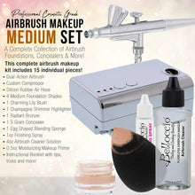 Load image into Gallery viewer, Belloccio Professional Beauty Airbrush Cosmetic Makeup System with 4 Medium Shades of Foundation in 1/4 Ounce Bottles - Kit Includes Blush, Bronzer and Highlighters