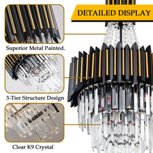 Load image into Gallery viewer, GDLT 15.7" 7-Light Crystal Chandelier Lights K9 Crystal Chandelier 3-Tier Black Gold Luxury Hanging Light Fixture for Dining Room Living Room Kitchen Bedroom Stairway