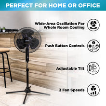Load image into Gallery viewer, Comfort Zone Electric Oscillating Pedestal Fan, Stand Fan, 16 inch, 3 Speed, 90 Degree Oscillating Head, Adjustable Height and Tilt, Airflow 7.48 ft/sec, Ideal for Home, Bedroom & Office, CZST161BTEBK