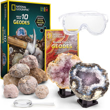 Load image into Gallery viewer, NATIONAL GEOGRAPHIC Break Open 10 Premium Geodes – Includes Goggles and 2 Display Stands - Great STEM Science Kit, Geology Gift for Kids, Break Your Own Geodes with Crystals, Toys for Boys and Girls