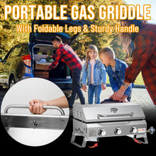 Load image into Gallery viewer, Onlyfire Flat Top Gas Griddle with Foldable Legs, 3-Burner Stainless Steel Propane Gas Grill Griddle, 24” Portable Tabletop Griddle for Outdoor Cooking Camping Tailgating RV, 24,000 BTU, GS309