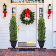 Load image into Gallery viewer, THE BLOOM TIMES 4ft Cedar Topiary Trees โ Artificial Outdoor Fake Potted Plants, UV Resistant Faux Evergreen Pine & Cypress Bushes Shrubs for Front Porch Planter Decor, 4 Foot Set of 2