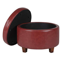 Load image into Gallery viewer, HomePop Round Leatherette Storage Ottoman with Lid, Cinnamon Red