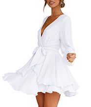 Load image into Gallery viewer, Cosonsen Womens White Dress Deep V-Neck Long Sleeve Tie Waist Ruffle Swing Dress S