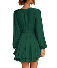 Load image into Gallery viewer, Womens Mini Dress Deep V-Neck Long Sleeve Tie Waist Flare Short Dresses Green S