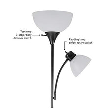 Load image into Gallery viewer, Globe Electric 67135 72" Torchiere Floor Lamp + Adjustable Reading Light, Matte Black, Frosted Plastic Shade, 3-Step Rotary Switch on Socket, Living Room Décor, Reading Light, Home Essentials