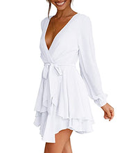 Load image into Gallery viewer, Cosonsen Womens White Dress Deep V-Neck Long Sleeve Tie Waist Ruffle Swing Dress S