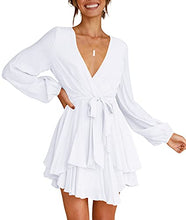 Load image into Gallery viewer, Cosonsen Womens White Dress Deep V-Neck Long Sleeve Tie Waist Ruffle Swing Dress S