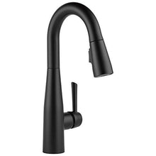 Load image into Gallery viewer, Delta Faucet Essa Matte Black Bar Faucet with Pull Down Sprayer, Black Bar Sink Faucet Single Hole, Wet Bar Faucets Single Hole, Prep Sink Faucet, Black Kitchen Faucet, Matte Black 9913-BL-DST