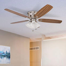 Load image into Gallery viewer, Honeywell 50182 Quick-2-Hang Hugger Ceiling Fan, 52” Dimmable LED White Swirled Marble Fixtures, Easy Installation Cimmeron/Walnut Blades, Brushed Nickel