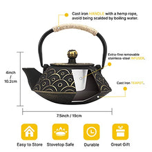 Load image into Gallery viewer, VUDECO Japanese Teapot Cast Iron Tea Kettle with Infuser Japanese Tea Set Tea Pots with Infusers for Loose Tea Kettle Set Cast Iron Tea Kettle Stove Top Safe- Black with Gold Wave Pattern 30oz / 900ml