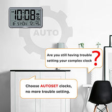 Load image into Gallery viewer, WallarGe Auto Set Digital Wall Clock Battery Operated,Desk Clocks with Temperature,Humidity and Date,Large Display Digital Calendar Alarm Clock for Elderly,Bedroom,Office,8 Time Zone, Auto DST.