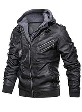 Load image into Gallery viewer, Hood Crew Men’s Casual Stand Collar PU Faux Leather Zip-Up Motorcycle Bomber Jacket With a Removable Hood