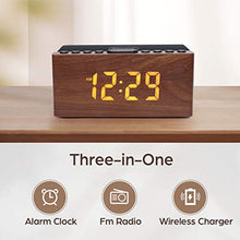 Load image into Gallery viewer, ANJANK Wooden Digital Alarm Clock FM Radio,10W Fast Wireless Charger Station for iPhone/Samsung Galaxy,5 Level Dimmer,USB Charging Port,2 Wake up Sounds,Bedrooms Sleep Timer,Wood LED Clock for Bedside