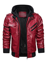 Load image into Gallery viewer, Hood Crew Men’s Casual Stand Collar PU Faux Leather Zip-Up Motorcycle Bomber Jacket With a Removable Hood Red L