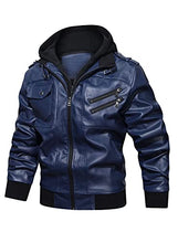 Load image into Gallery viewer, Hood Crew Men’s Casual Stand Collar PU Faux Leather Zip-Up Motorcycle Bomber Jacket With a Removable Hood Navyblue S