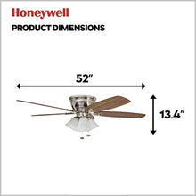 Load image into Gallery viewer, Honeywell 50182 Quick-2-Hang Hugger Ceiling Fan, 52” Dimmable LED White Swirled Marble Fixtures, Easy Installation Cimmeron/Walnut Blades, Brushed Nickel