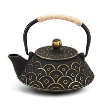 Load image into Gallery viewer, VUDECO Japanese Teapot Cast Iron Tea Kettle with Infuser Japanese Tea Set Tea Pots with Infusers for Loose Tea Kettle Set Cast Iron Tea Kettle Stove Top Safe- Black with Gold Wave Pattern 30oz / 900ml