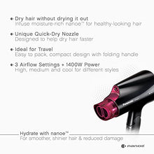 Load image into Gallery viewer, Panasonic nanoe Compact Hair Dryer for Healthy-Looking Hair, 1400W Portable Hair Dryer with Folding Handling and QuickDry Nozzle for Fast Drying – EH-NA27-K (Black/Pink)