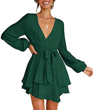 Load image into Gallery viewer, Womens Mini Dress Deep V-Neck Long Sleeve Tie Waist Flare Short Dresses Green S