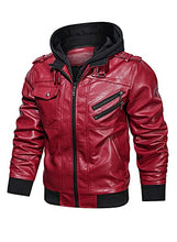 Load image into Gallery viewer, Hood Crew Men’s Casual Stand Collar PU Faux Leather Zip-Up Motorcycle Bomber Jacket With a Removable Hood Red L