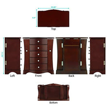 Load image into Gallery viewer, RR ROUND RICH DESIGN Jewelry Box - Made of Solid Wood with Tower Style 4 Drawers Organizer and 2 Separated Open Doors on 2 Sides and Large Mirror Brown