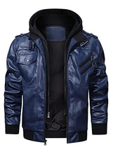 Load image into Gallery viewer, Hood Crew Men’s Casual Stand Collar PU Faux Leather Zip-Up Motorcycle Bomber Jacket With a Removable Hood Navyblue S