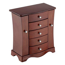 Load image into Gallery viewer, RR ROUND RICH DESIGN Jewelry Box - Made of Solid Wood with Tower Style 4 Drawers Organizer and 2 Separated Open Doors on 2 Sides and Large Mirror Brown