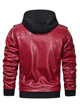 Load image into Gallery viewer, Hood Crew Men’s Casual Stand Collar PU Faux Leather Zip-Up Motorcycle Bomber Jacket With a Removable Hood Red L