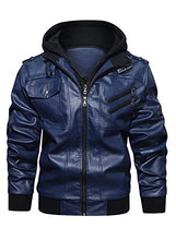 Load image into Gallery viewer, Hood Crew Men’s Casual Stand Collar PU Faux Leather Zip-Up Motorcycle Bomber Jacket With a Removable Hood Navyblue S