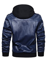 Load image into Gallery viewer, Hood Crew Men’s Casual Stand Collar PU Faux Leather Zip-Up Motorcycle Bomber Jacket With a Removable Hood Navyblue S