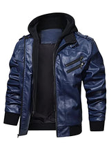 Load image into Gallery viewer, Hood Crew Men’s Casual Stand Collar PU Faux Leather Zip-Up Motorcycle Bomber Jacket With a Removable Hood Navyblue S